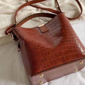Croc Embossed Bucket Bag Faux Leather Shoulder Bag Womens Trendy Crossbody Bag