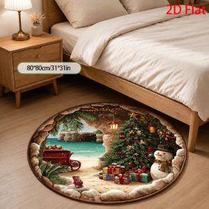 VIKAMA Christmas Round Rug 3D Illusion Cave Tropical Beach Christmas Tree Snowman Sleigh Palm Non Slip Area Rug Holiday Decor
