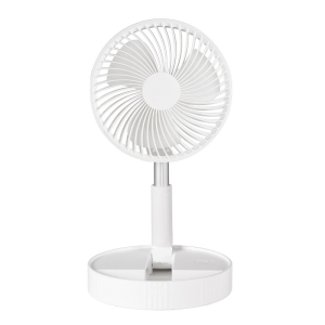 Portable adjustable-height rechargeable desk stand with mini safety foldable electric fan. Suitable for offices and homes.