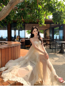 Gentle Breeze Beach Vacation Unique Strap Dress Women Super Fairy Mesh Splice Engagement Morning Robe Elegant Full Skirt