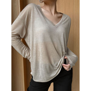 เสื้อยืดคอกลมแขนยาวบางๆ ทรงหลวมๆ สำหรับผู้หญิงในช่วงต้นฤดูใบไม้ร่วง ป้องกันแสงแดด ทรงหลวมๆ ทรงหลวมๆ ทรงหลวมๆ