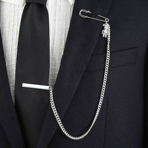 Fashionable Mens Long Chain Tie Clip Western Suit Decoration Gold Silver Tone Lapel Pin Fixed Buckle Decorative Clip