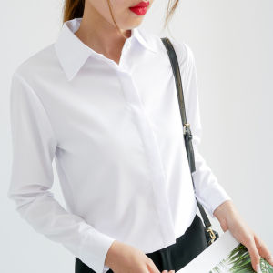 เสื้อเชิ้ตผ้าชีฟองแขนยาวสีดำขาวสไตล์เกาหลีสำหรับผู้หญิง เสื้อทำงานลำลอง ทรงเข้ารูป ปกโปโล คอลเลกชั่นฤดูใบไม้ผลิ 2025