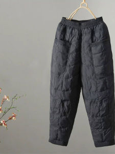 Winter Thickened High Waist plus Size Womens Harlan Pants Elastic Waist Lightweight Warm Cotton Trousers Artistic Style