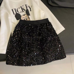 Shiny A-Line Skirt Knitted Sweater Baby Girls Fashionable Korean Style Polyester Fiber Winter Warm Mid-Length Skirt