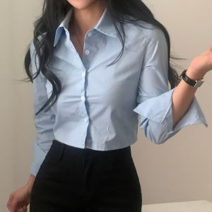 Chic Korean Style Early Spring Simple Pure Color High Waist Long Sleeve Shirt Women Casual Button-up Slim Fit Work Clothing