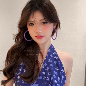 ต่างหูรูปวงกลมสีม่วงหวานและเท่สำหรับผู้หญิง ต่างหูรูปวงกลมขนาดใหญ่ทำให้ใบหน้าดูเล็ก ต่างหูแฟชั่น ต่างหูแบบห่วง