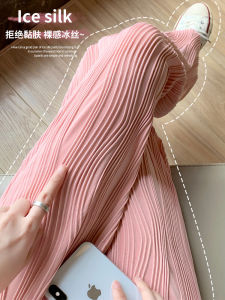 กางเกงขายาวทรงหลวมเอวสูงทรงตรงผ้าไหมน้ำแข็งลายคลื่นสำหรับผู้หญิงในช่วงฤดูร้อน กางเกงขายาวทรงตรงผ้าไหมน้ำแข็งบางๆ ทรงตรง