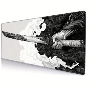 Extended gaming mouse pad with Japanese samurai design oversized seam edge washable non-slip rubber sole 31.5x11.8 inches