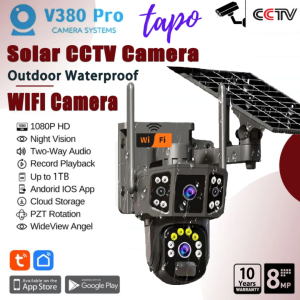 V380 Pro HD Three Lens Solar CCTV Camerea WiFi Connect Outdoor Waterproof Surveillance Two-Way Audio Color Night Vision IP Security Cameras