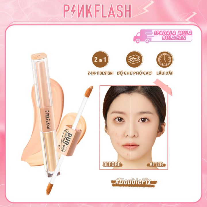PINKFLASH Waterproof 2-in-1 Dual-Shade Concealer Full Coverage Foundation Brighten Matte Lightweight Conceal Dark Circles Scar Acne