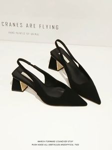 French pointed head back hollow one word strap black sandals versatile thick heel temperament womens shoes