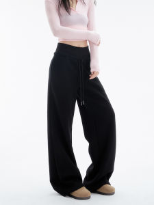 Quần Ống Rộng Ống Đứng Màu Đen Cho Nữ Mùa Xuân Thu Mới Quần Thể Thao Cotton Rộng Rãi Cạp Cao Quần Dài