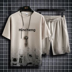 ROMON | Lormen Mens Short Sleeve T-Shirt Set Summer Thin Ice Silk Quick Dry Casual Sport Shorts Two Piece Set Fashion Urban Style Round Neck