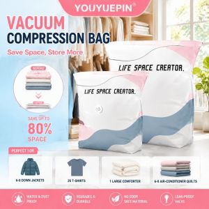 3Pcs No Pump Vacuum Storage Bags Reusable Transparent Thickened Compression Sacks Large Capacity Moistureproof Space Saving Organizer for Clothes Blankets Quilts Bedding Home Storage