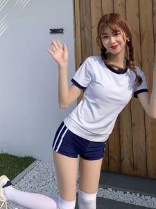 Japanese Style Young Adult Covering Belly Thin Pure Desire Style Gym Outfit Summer Ins Preppy Style High School Student Cheerleading Sports Suit