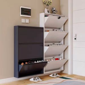 Shoe Cabinet Multi-Layer Wall Mounted Ultra Thin Shoe Cabinet For Household Use Large Capacity And Ultra Narrow Flip Bucket Entrance Cabinet Simple Steel Storage
