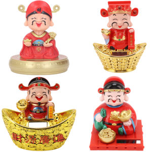 [EnidJuli] God Of Wealth Figurine Ornament Solar Powered Automatic Nodding Head Durable Plastic Cai Shen Statue For Home Car Office