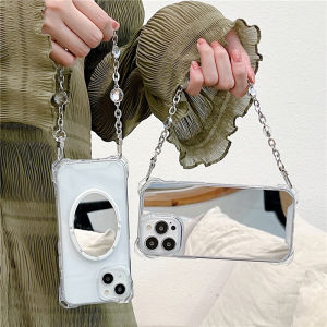 Transparent Silicone Phone Case with Mirror Handheld Strap Anti-Fall for iPhone 16/15 pro Max Creative Design Apple 13 Compatible