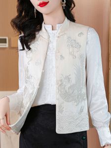 New Fashionable Chinese Style Womens Vest Jacket Spring Autumn Winter Outerwear Embroidered Patchwork Button up Stand Collar
