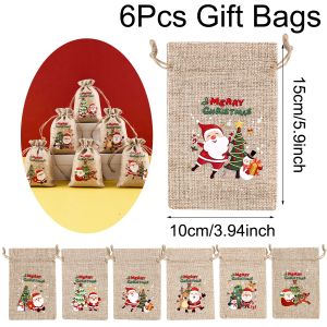 6 Chiếc Giáng Sinh Vui Vẻ Vải Lanh Tặng Túi Dễ Thương Ông Già Noel Người Tuyết Thiết Kế Hỗn Hợp Dây Rút Xmas Dự Tiệc Cung Cấp Đóng Gói Quà Tặng