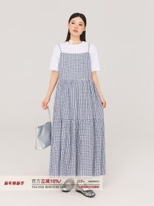 Summer Plaid Long Dress Womens plus Size Conceals Belly Slimming Korean Style Commute A-Line Gown without Sleeves High Waist