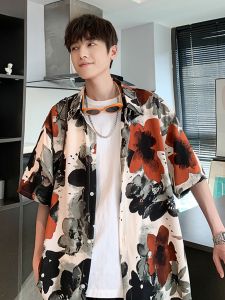 HetingHOME | Áo sơ mi nam tay ngắn Hetinghome mùa hè dáng rộng phong cách Mỹ in họa tiết hoa quần áo công sở thường ngày chất liệu polyester
