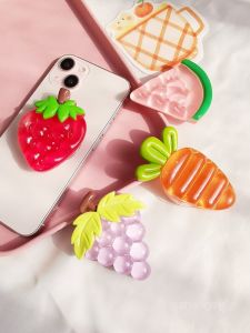 Fruit Shaped Sticky Phone Stand Red Strawberry Crystal Extendable Ring Holder Lazy Persons TV Watching Tool Cute Watermelon Grape Carrot Phone Case Back Support Bracket