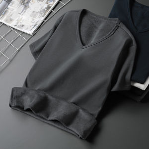 Autumn and Winter Short Sleeve T-Shirt Mens Clothing V-neck Inner Match Pure Color Half Sleeve Heattech Intimates Fleece-lined Thickened Half Sleeve Bottoming Shirt
