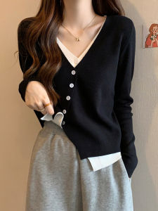 Plus Size Autumn and Winter V-neck Irregular Long Sleeve Sweater Bottoming Shirt Plus Size Ladies Slim Looking Shoulder Fake Two-Piece Knitting Tops Women