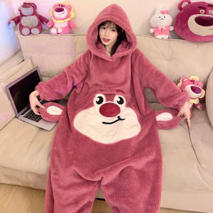 Sanrio Strawberry Bear One-Piece Pajamas Female Winter Junior High School Girl Thick Coral Fleece Female Youth plus Velvet Pajama