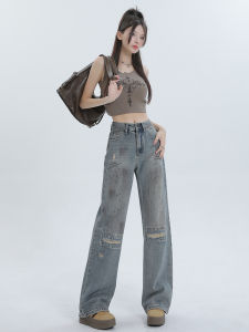 กางเกงยีนส์ทรงตรงขาดๆ สำหรับผู้หญิง ฤดูใบไม้ร่วง 2025 ใหม่ ทรงวินเทจ ลายกราฟิตี้ ทรงสกินนี่ กางเกงยีนส์ทรงตรง