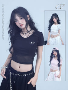 New Square Dance Jazz Short Sleeve Tight Top Womens Summer Fashion Brand "Mi Dan" Commuter Style V-Neck Short Length T-Shirt