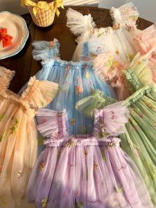 Princess Style Summer Dress for Girls Mesh Vest Strap Floral Print Puffy Sleeve High Waist Knitted Nylon Birthday Cake Girls Dress