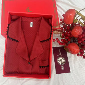 Red Couples Sleepwear Ice Silk Spring Autumn Long Sleeve Home Clothes Set Luxury V-neck Simulation Silk Home Leisure Suit
