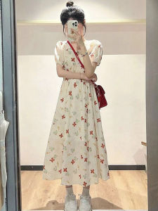 High-end Fashionable Sophisticated Niche Square Collar Waist-tightening Floral Dress
