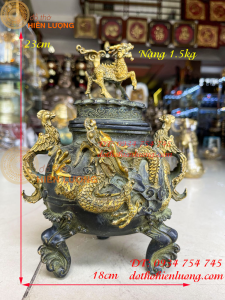 Lư xông trầm rồng nổi bằng đồng nắp kỳ lân quai phượng cao 23cm nặng 15kg