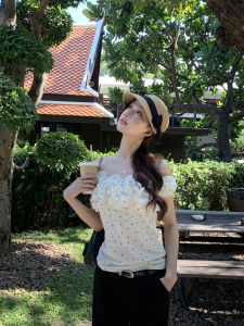 Slim Fit Off-Shoulder Polka Dot French Style T-Shirt