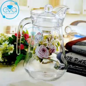 Bình Đựng Nước Thuỷ Tinh 1.3L Miệng Rót Dáng Eo In Hoạ Tiết Có Quai Cầm EH1002-1E Floral Pattern Glass Jug 1300ML
