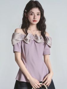 AIYITI | Elegant Off-Shoulder Purple Short-Sleeve T-Shirt Slim