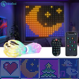 ไฟม่าน LED อัจฉริยะ กันน้ำระดับ IP65 ควบคุมผ่านแอพ สร้างข้อความและลวดลายเองได้ ไฟประดับหน้าต่างแบบแขวนสำหรับม่าน ฉากหลัง และตกแต่งบ้าน