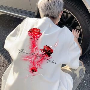 PAZHAOLANG | Oversized Plus Size Lightning Rose Print Cotton T-Shirts Men