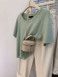 Green Knitted Short Sleeve T-Shirt Korean Style Slim Fit Shoulder Length Summer New Design Small Size Womens Top