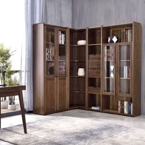 Black Walnut Wooden Bookshelf Three-door Corner Bookcase Combination Glass Door Chinese Solid Wood Bookcase Bookcase Display Cabinet
