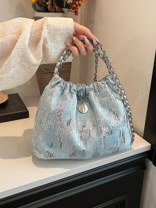 Luxury Feel Unique Womens 2025 New Autumn Winter Chain Shoulder Crossbody Bag Shiny Sequin Bucket Bag Pure Color Soft Denim