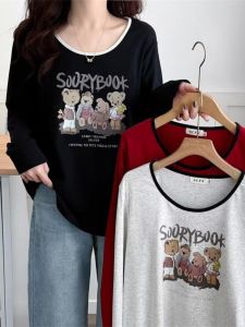 Áo Thun in Hình Gấu Tròn Cổ Mùa Xuân 2025 Phong Cách Hàn Quốc Cỡ Lớn in Họa Tiết Hoạt Hình Cotton Thường Ngày