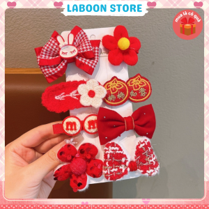 Bộ kẹp tóc nơ đỏ lông nhung LABOON set 8 kẹp mái mix charm siêu xinh mừng năm mới dịp Tết lễ hội