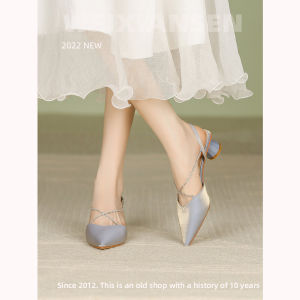 French High Heels Womens New Arrival Fog and Haze Blue Bridesmaid Shoes Womens Back Empty Strap Chunky Heel Mid Heel Toe Box Sandals Women