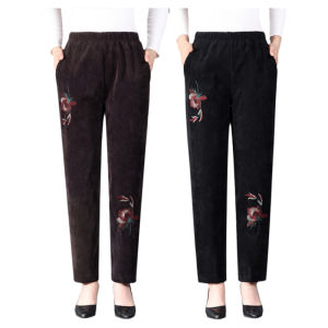 Thickened Velvet Pants for Mommy with Embroidery Autumn Winter Casual Straight Leg Long Trousers for Middle-Aged And Elderly Women