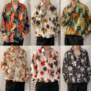 Hawaii Printed Shirt Mens Ice Silk Beach Hong Kong Style Loose Non-mainstream Retro Lightly Mature Drape Ruffle Handsome Long Sleeve Shirt